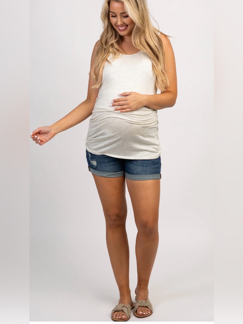 PinkBlush Navy Blue Distressed Rolled Hem Maternity Denim Shorts